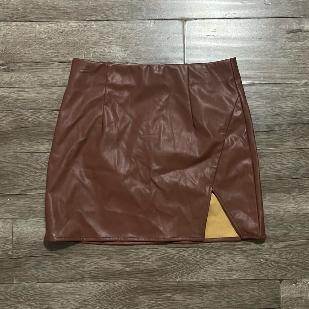Faux Leather Mini Skirt in Brown with Side Slit